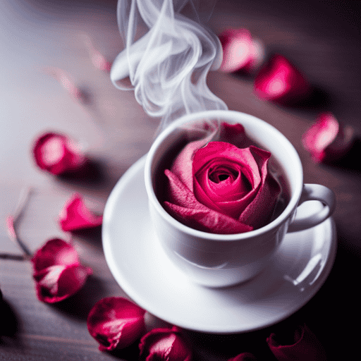 An image that showcases the ethereal allure of rose tea: delicate rose petals unfurling in a steaming cup, swirling tendrils of fragrant steam, and a soft, radiant glow emanating from the brew