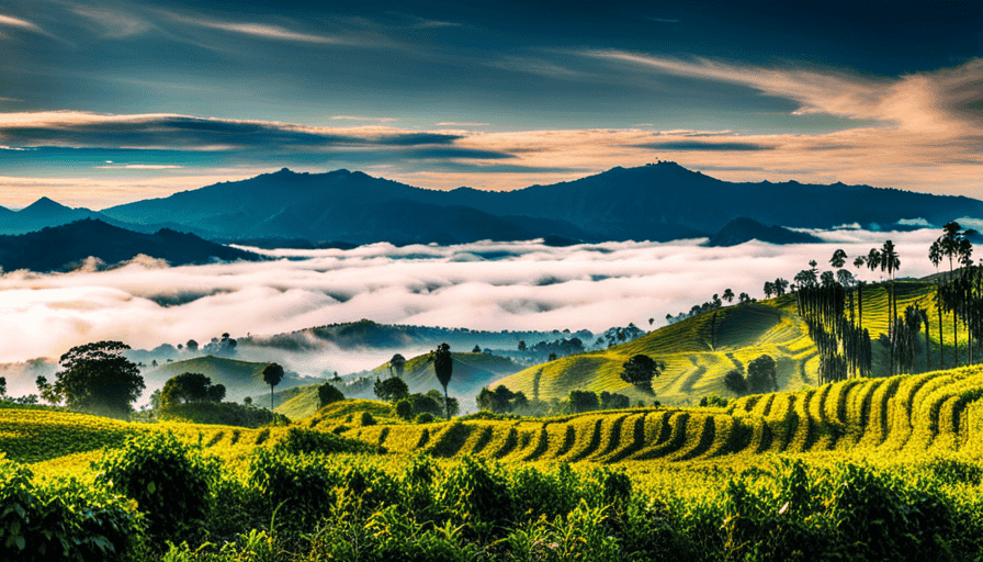 An image that captures the vibrant colors of Rwanda's lush coffee plantations, with rolling hills covered in neatly arranged coffee trees, surrounded by misty mountains in the background