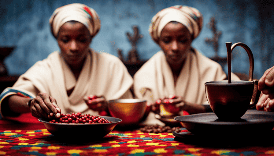 An image showcasing a traditional Ethiopian coffee ceremony: a woman dressed in vibrant attire, pouring freshly brewed coffee from a jebena into small cups, while aromatic coffee beans fill the air and a rich, dark brew sits on a beautifully decorated tray