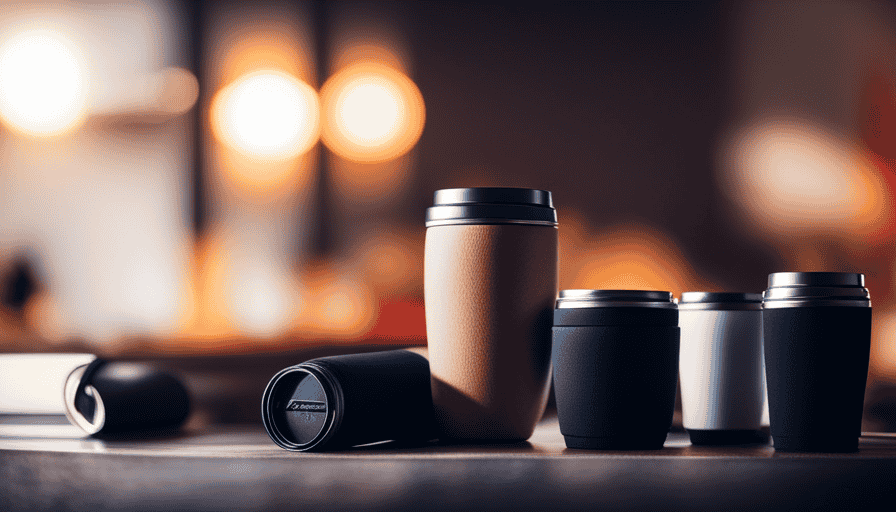 An image showcasing a variety of stylish travel mugs, each uniquely designed with durable stainless steel, vacuum insulation, leak-proof lids, and vibrant colors, enticing readers to explore the essential guide