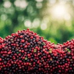 An image capturing the essence of coffee's Java connection: a lush Indonesian coffee plantation with rows of vibrant, emerald-green coffee trees, their branches heavy with ripe, crimson coffee cherries ready for harvest