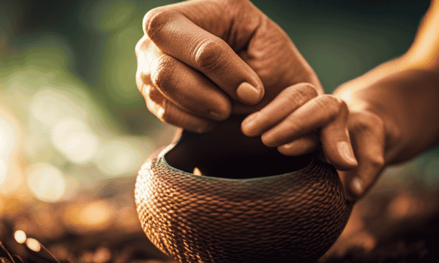 Capture the essence of the invigorating ritual of drinking Yerba Mate: A serene hand cradling a vibrant gourd, wisps of steam spiraling from the earthy brew, sunlight gently illuminating the leaves
