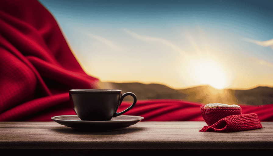 An image capturing the essence of Ethiopian Sidamo coffee: a rustic wooden table adorned with a vibrant red and gold Ethiopian woven cloth, showcasing a porcelain cup filled with rich, dark coffee, emanating aromatic steam