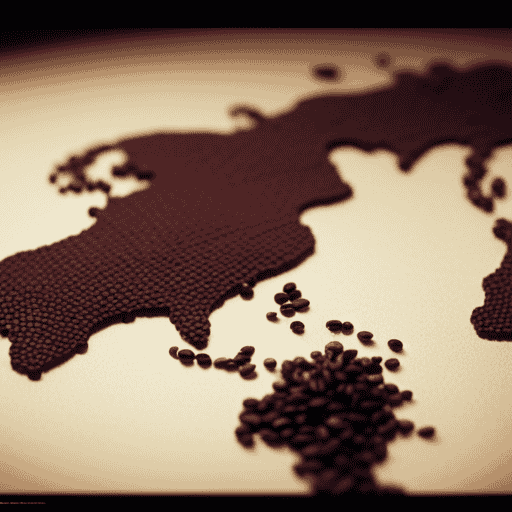 An image showcasing coffee's global journey: a vibrant mosaic of coffee beans from different continents, intertwined with maps and flags representing the diverse origins