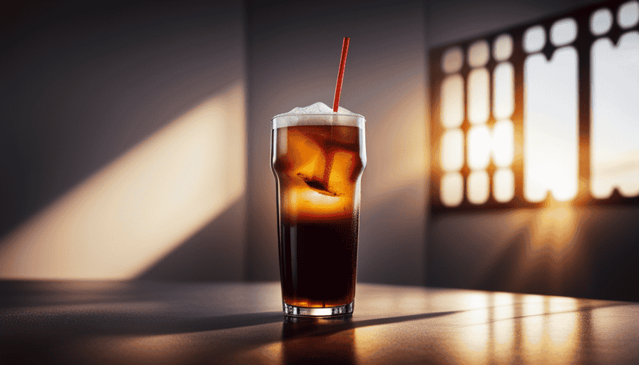 An image that showcases a tall glass filled with rich, dark cold brew coffee, condensation glistening on its icy surface