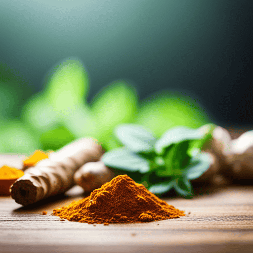 An image showcasing a vibrant assortment of fresh herbs, with a prominent focus on golden turmeric