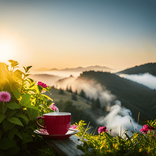 An image that showcases a serene setting with a person holding a warm cup of tea, surrounded by lush greenery and vibrant flowers