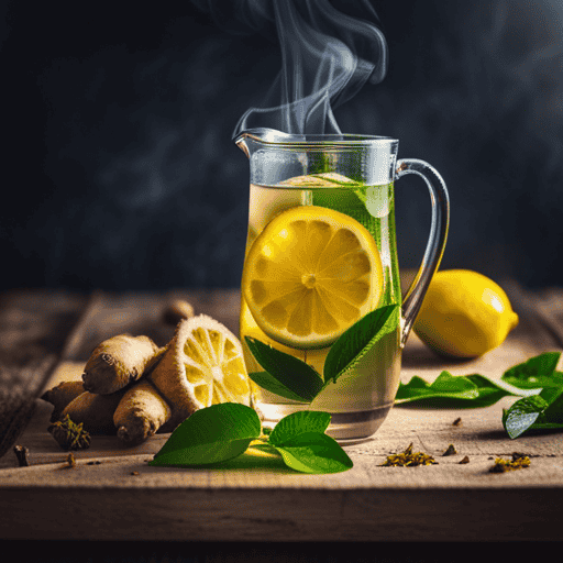 An image showcasing a warm, vibrant cup of ginger lemon tea, with steam gently rising, sliced ginger and lemon immersed in the golden liquid, surrounded by fresh green lemon leaves