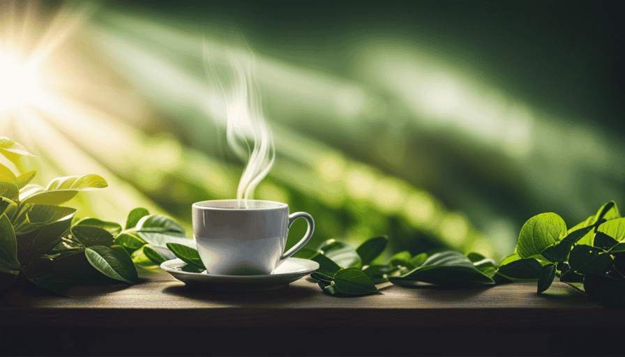 An image depicting a serene morning scene with a steaming cup of instant coffee surrounded by vibrant green plants, showcasing the invigorating and refreshing qualities of instant coffee for a healthy start to the day