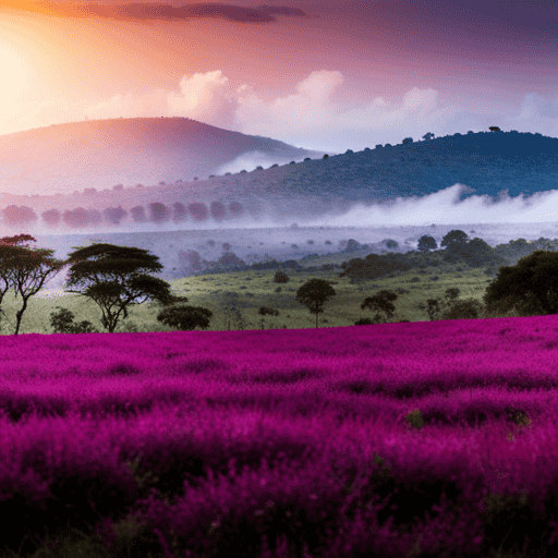 An image depicting a serene Kenyan landscape, with rolling hills covered in vibrant purple tea bushes
