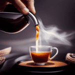 An image showcasing a serene scene of a cup of oolong tea being poured, revealing its rich amber hue