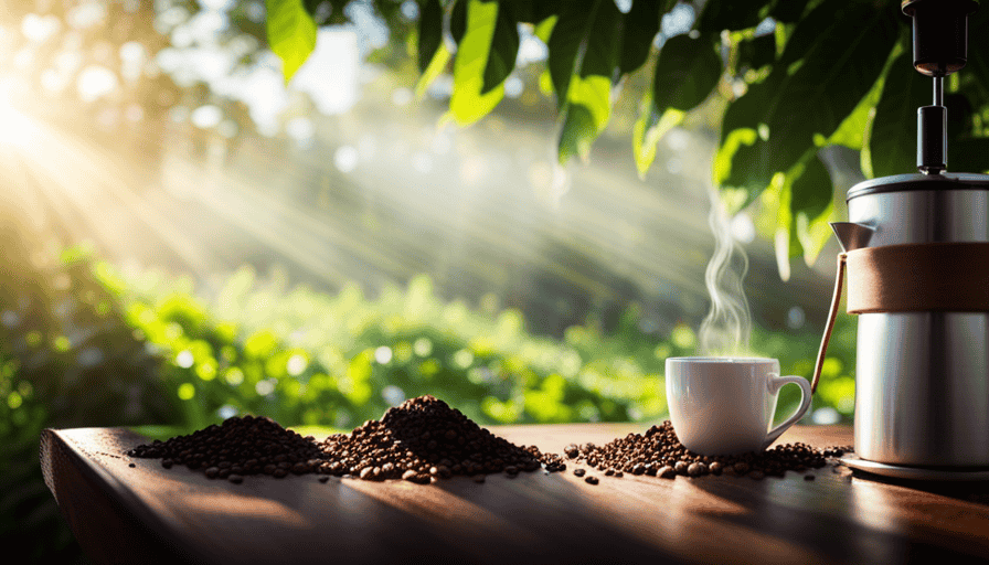 An image of a steaming cup of decaf coffee, surrounded by a lush coffee plantation, with rays of morning sunlight filtering through the leaves, highlighting a barista pouring the rich, aromatic brew