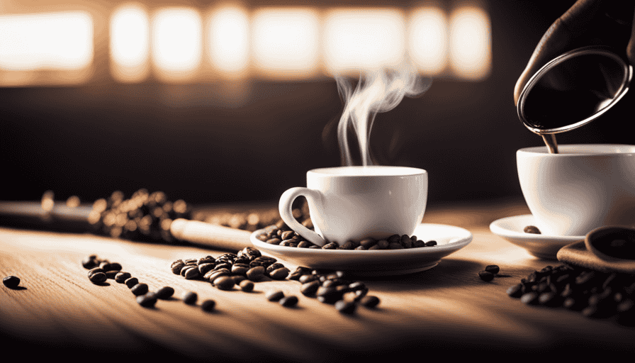 An image showcasing the evolution of white coffee, from its ancient origins to modern-day, with vibrant illustrations of coffee beans, delicate porcelain cups, and a steaming brew surrounded by aromatic spices