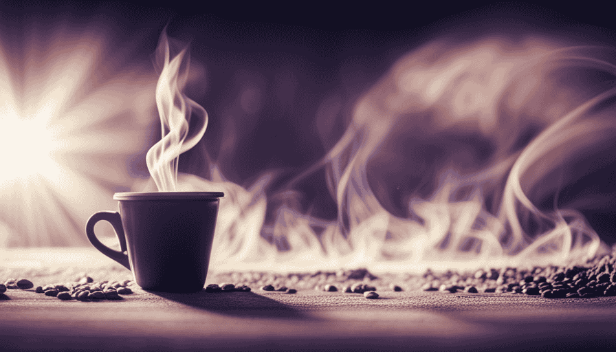 An image showcasing a dark, steaming cup of Death Wish Coffee, surrounded by swirling tendrils of aromatic smoke, exuding an intense and alluring energy
