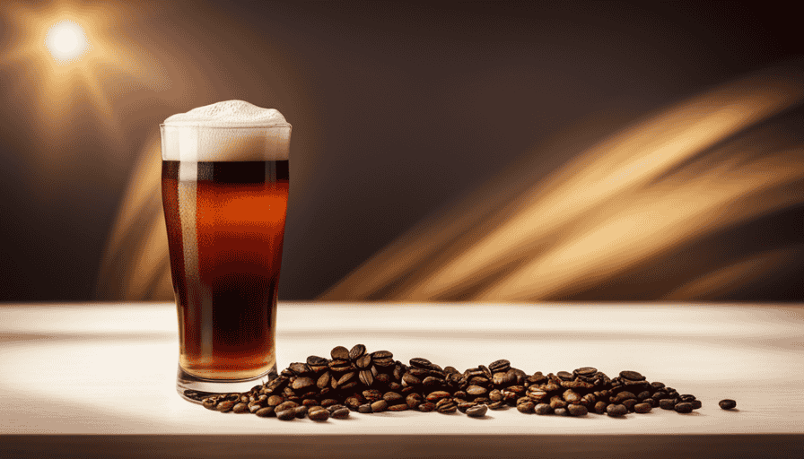 An image showcasing a unique blending of coffee and beer: A tall, frothy glass filled halfway with rich, dark roasted coffee, merging seamlessly with a golden, bubbly beer, forming a stunning ombré effect