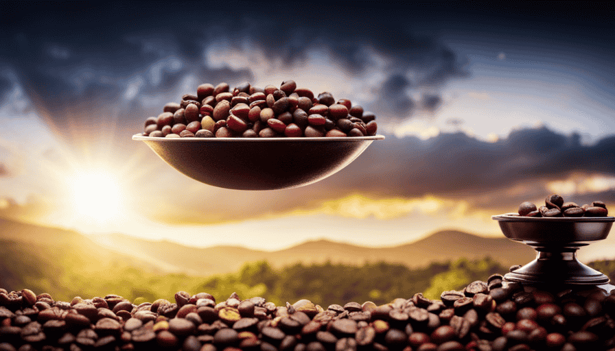 An image showcasing the intricate journey of coffee: a vibrant plantation bathed in golden sunlight, coffee cherries meticulously handpicked, washed and dried, then transformed into fragrant roasted beans, finally culminating in a steaming cup of aromatic brew