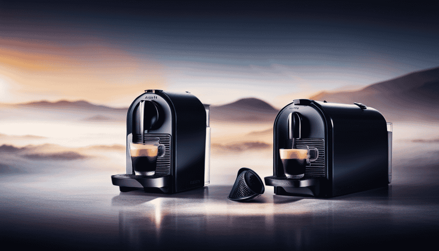 An image showcasing a sleek Nespresso machine with a perfectly brewed espresso shot pouring into a porcelain cup