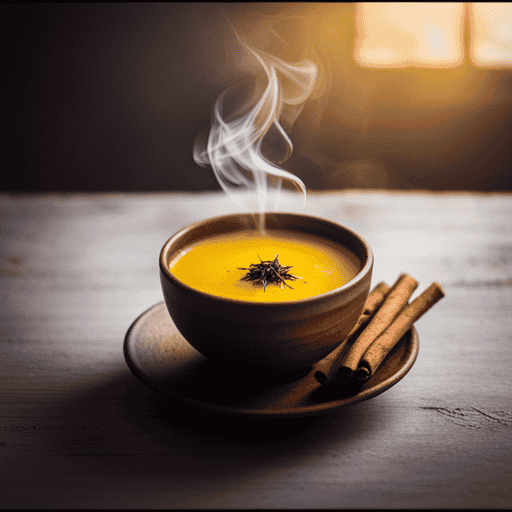 An image featuring a steaming cup of vibrant yellow turmeric tea, surrounded by fresh ginger root, cinnamon sticks, and a sprinkle of black pepper, showcasing the diverse health benefits of this ancient herbal concoction