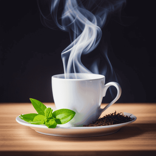 An image showcasing the vibrant green leaves of Rooibos tea, surrounded by a delicate steam rising from a freshly brewed cup