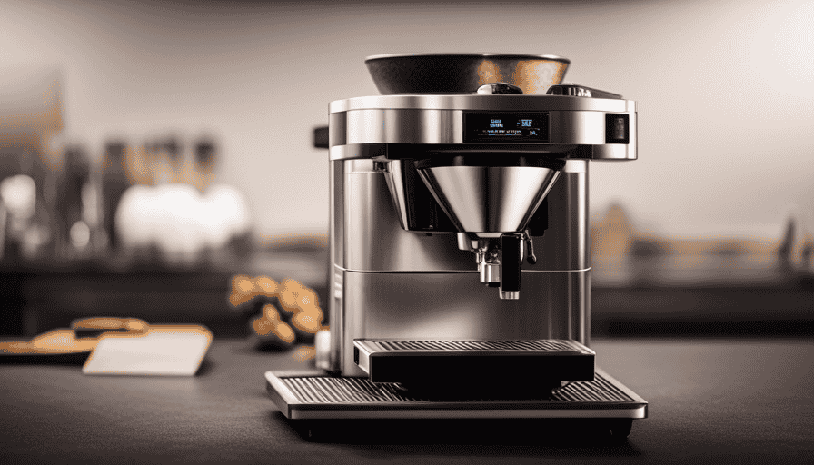 An image showcasing the sleek design of the Mazzer Mini, with its stainless steel body glistening under the soft lighting, its precision burrs delicately grinding coffee beans, and a perfectly formed mound of freshly ground coffee spilling out