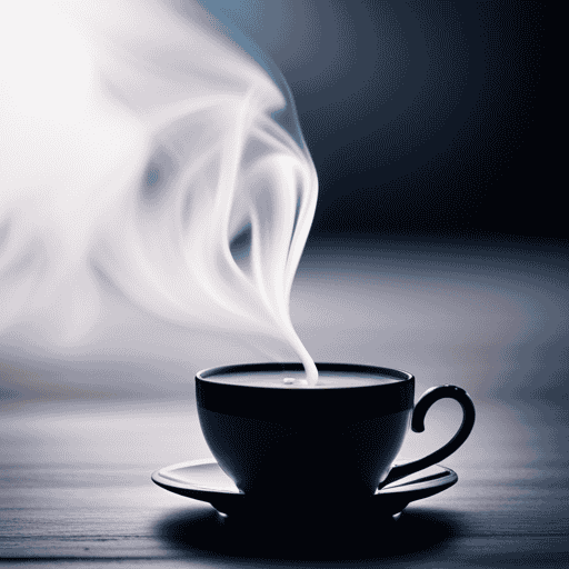 An image showcasing a steaming cup of tea, adorned with a creamy swirl of almond milk cascading gently into the dark brew