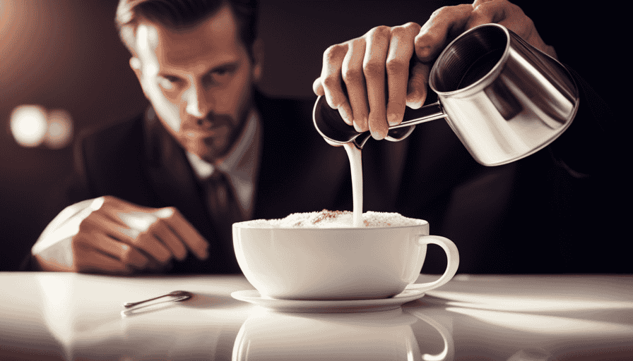 An image showcasing a barista's hands effortlessly pouring velvety milk into a sleek, stainless steel frothing pitcher