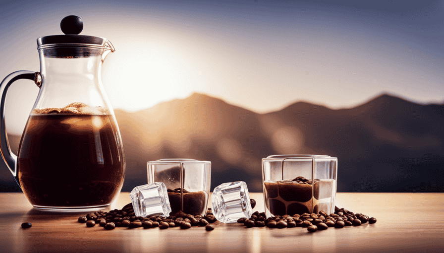 An image featuring a glass pitcher filled with ice cubes and freshly ground coffee beans