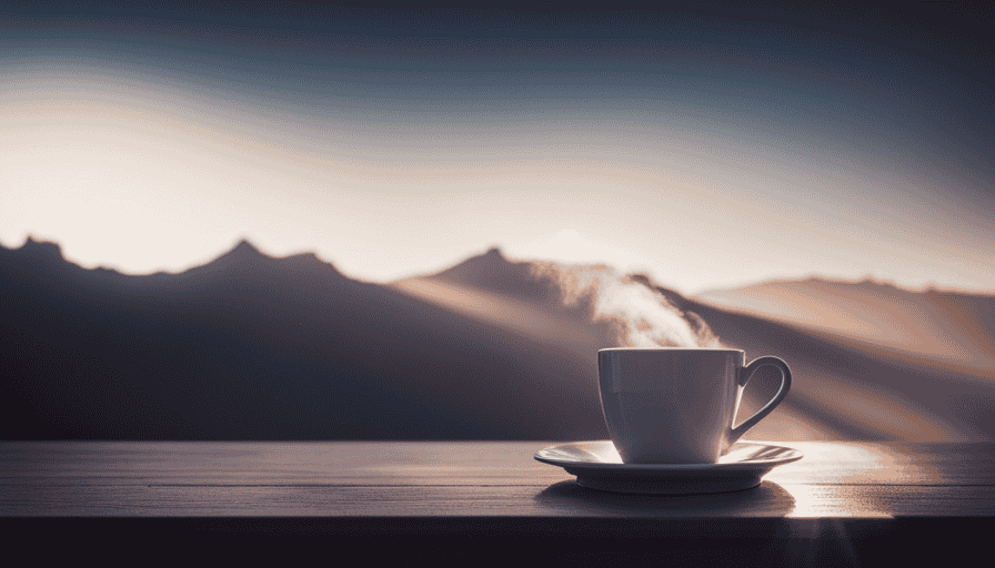 An image capturing a serene morning scene with a steaming cup of coffee gently releasing aromatic vapors, surrounded by delicate wisps of mist, highlighting the perfect balance of warmth and tranquility