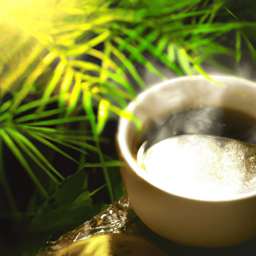An image showcasing a serene morning scene, with a steaming cup of coffee infused with coconut oil