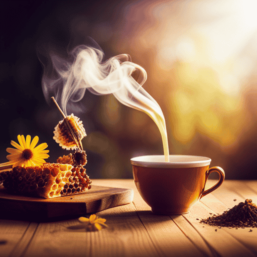 An image showcasing a steaming cup of honey tea, with wisps of steam rising from the golden liquid