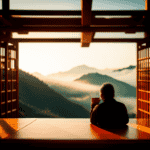 An image of a serene teahouse nestled amongst misty mountains, with a solitary figure peacefully sipping tea while surrounded by shelves adorned with ancient wisdom, symbolizing the transformative power of tea