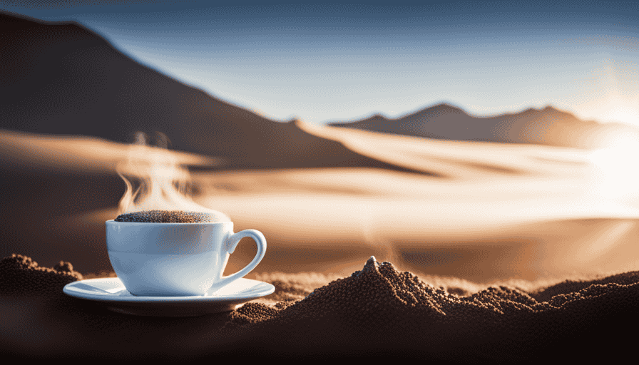 An image of a steaming cup of coffee with delicate salt crystals glistening on the rim, surrounded by contrasting elements like a serene ocean backdrop and a desert landscape, illustrating the intriguing dichotomy of the pros and cons of salted coffee
