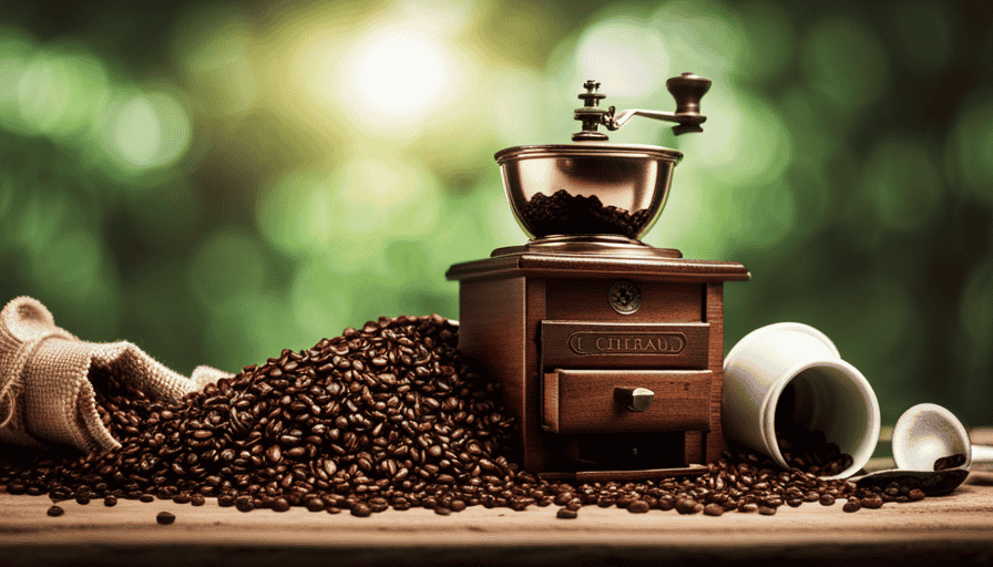 An image showcasing a rustic wooden coffee grinder with a pile of freshly roasted Brazilian coffee beans spilling out, surrounded by vibrant green coffee leaves and a steamy cup of brewed coffee in the background
