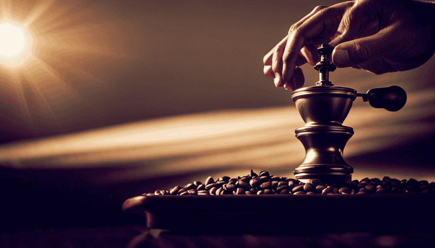 An image showcasing a close-up view of a hand turning a manual coffee grinder, with sunlight filtering through the beans, capturing their essential oils and revealing the vibrant colors and textures that contribute to freshly ground coffee's exquisite flavor