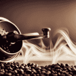 An image showcasing a close-up of a hand-operated burr grinder with coffee beans being ground