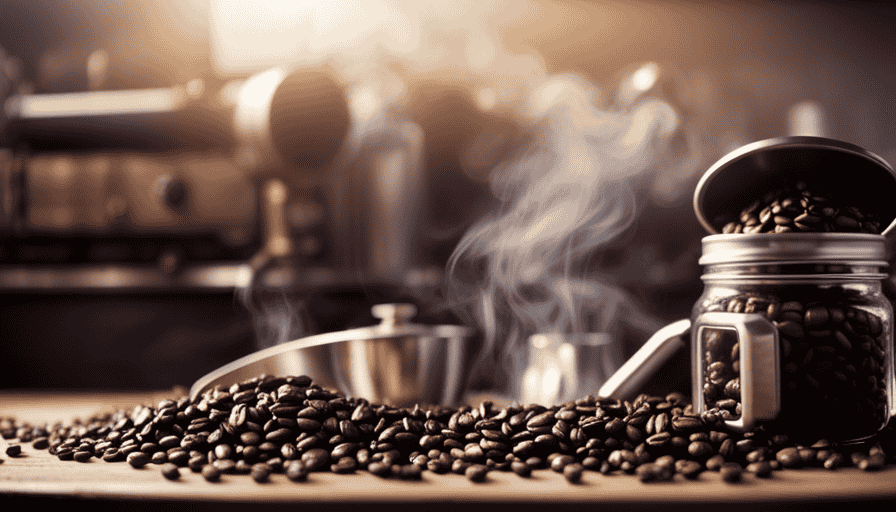 An image showcasing a mason jar filled with freshly roasted coffee beans, emitting aromatic steam, while surrounded by various brewing equipment, a grinder, and a digital thermometer