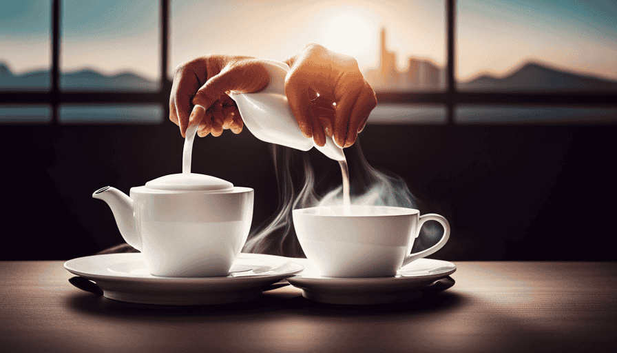 An image showcasing a barista's hands gracefully pouring vibrant, steaming tea from a classic white teapot into an elegant, transparent glass cup, revealing the rich hues and delicate aromas of the diverse Starbucks Tea Menu