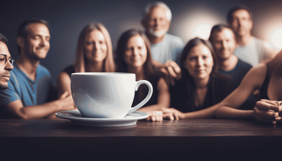 An image showcasing a steaming cup of coffee, surrounded by a diverse array of people engaged in various activities: studying, exercising, brainstorming, and socializing