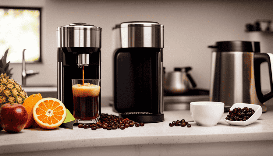 An image displaying a shiny Toddy T2n cold brew system on a kitchen countertop, surrounded by freshly ground coffee beans and an assortment of vibrant fruits, evoking a refreshing and flavorful cold brew experience