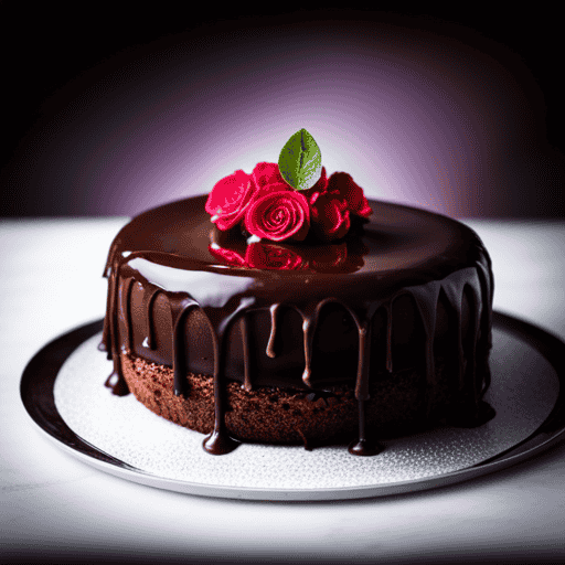 An image showcasing a rich, velvety chocolate tea cake adorned with a glossy ganache glaze