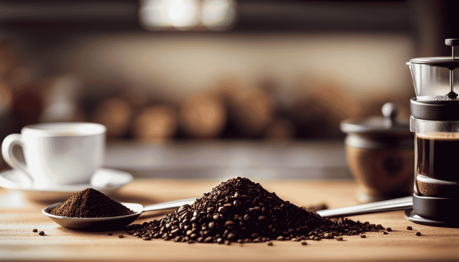 An image showcasing a spectrum of coffee grind sizes, ranging from coarse to fine, elegantly displayed on a wooden surface alongside brewing tools like a French press, pour-over cone, and espresso machine