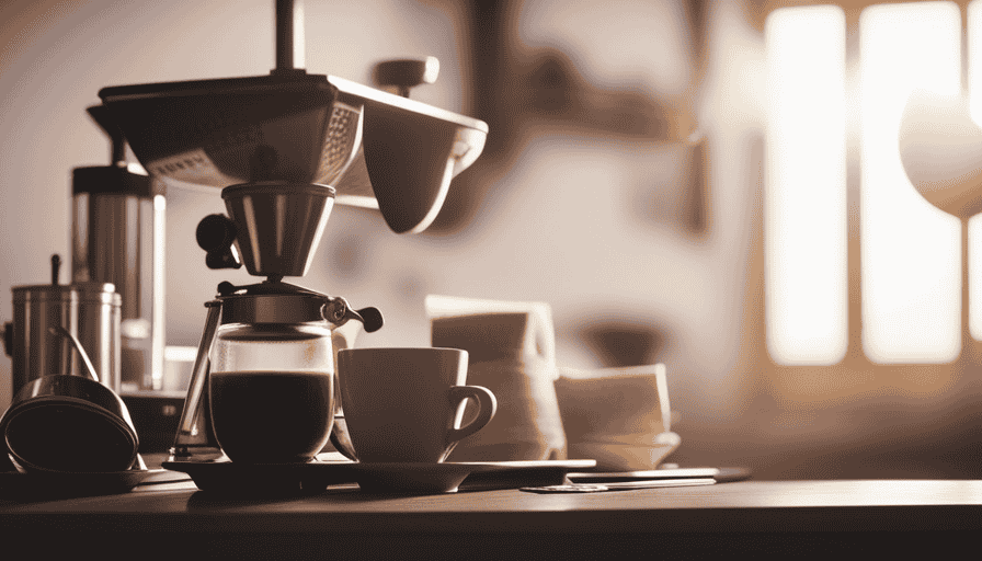 An image that showcases a beautifully arranged coffee set-up, featuring a variety of meticulously labeled coffee bags from around the world, a grinder, a scale, and a sleek espresso machine, all surrounded by the soft glow of morning sunlight