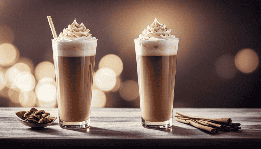 An image that showcases a tall, frosty glass filled to the brim with creamy, golden iced vanilla latte