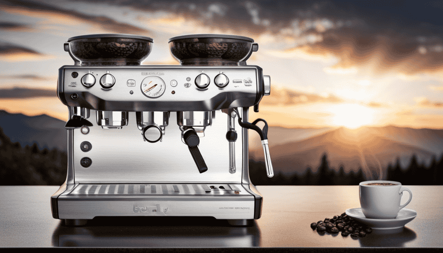 An image showcasing a sleek, stainless steel Breville espresso machine, adorned with a perfectly frothed cappuccino in a porcelain cup, sitting on a granite countertop beside a jar of freshly ground coffee beans