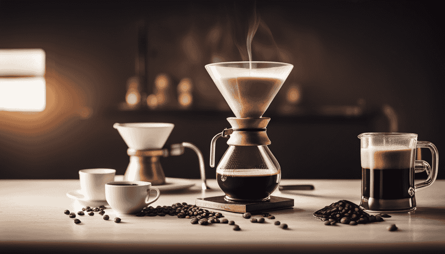 Create an image showcasing a perfectly brewed cup of coffee, with steam gently rising from a Chemex pour-over, surrounded by an array of brewing equipment, including a French press, AeroPress, and a classic espresso machine