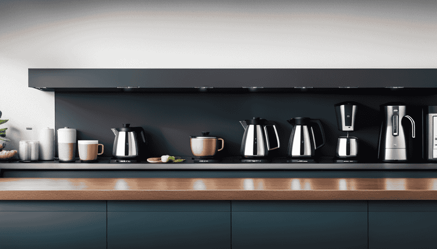 An image showcasing a sleek, modern kitchen countertop with a variety of high-quality pod coffee makers neatly lined up, each one displaying unique features, colors, and sizes, enticing readers to explore the ultimate guide