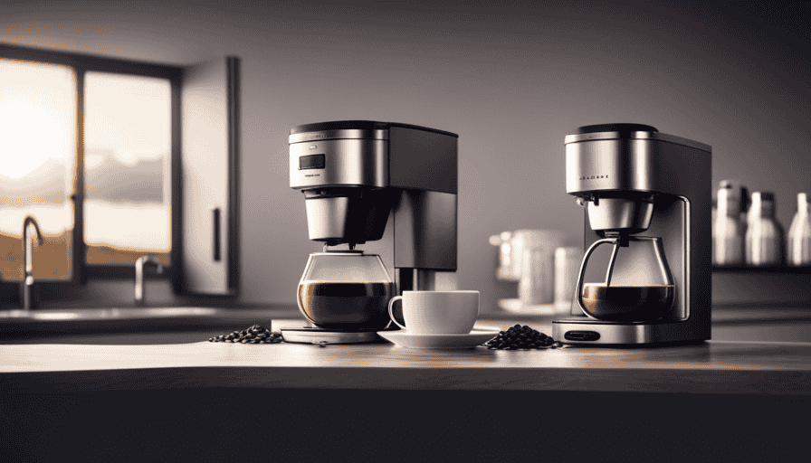 An image showcasing an elegant kitchen countertop with a sleek, stainless steel Bunn coffee maker