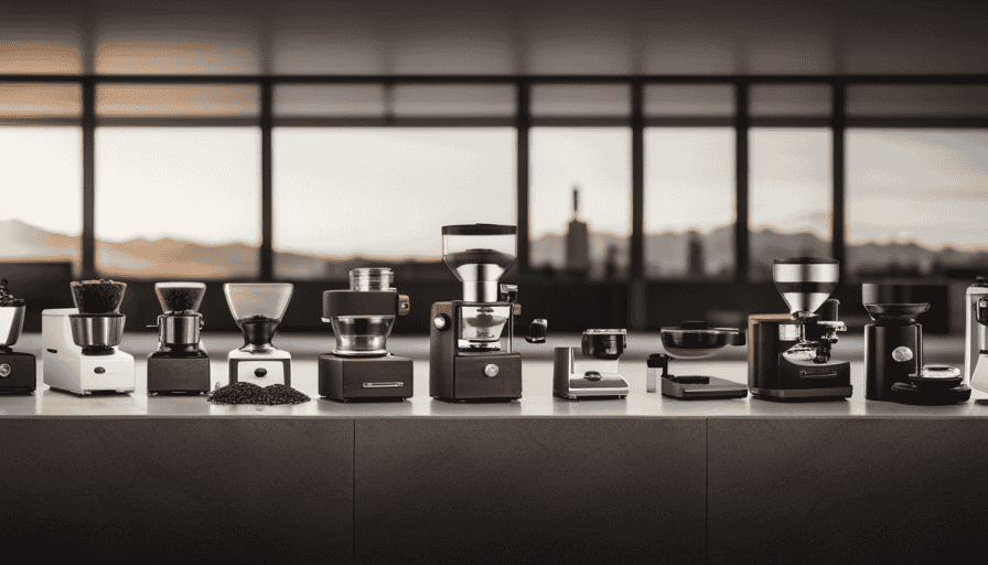 An image showcasing a variety of burr coffee grinders lined up on a sleek, modern countertop