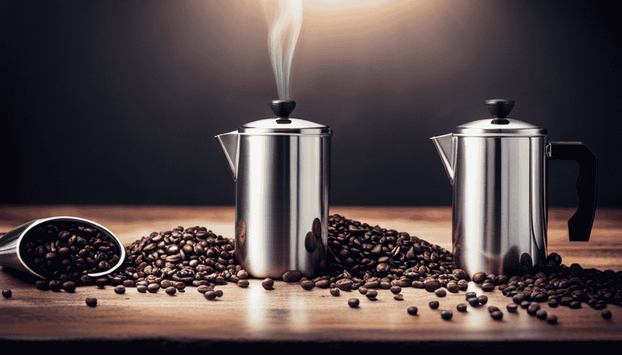 An image showcasing a sleek, stainless steel coffee percolator on a rustic wooden table, surrounded by freshly ground coffee beans, a steam rising from the spout, and a perfectly brewed cup of coffee beside it