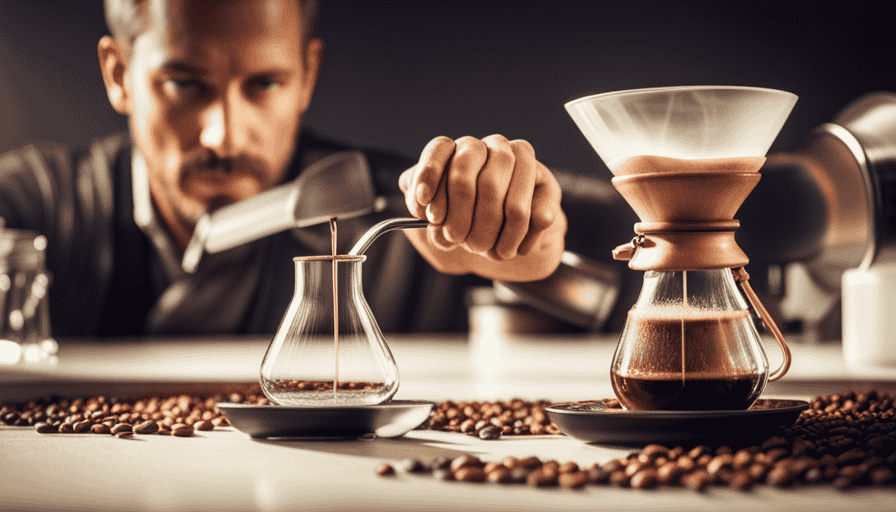 An image capturing a barista expertly pouring a precise stream of hot water over a meticulously arranged coffee bed in a Chemex, while the aroma of freshly brewed coffee fills the air